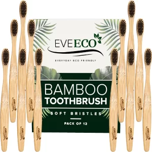 12 Count I Bamboo Toothbrush I Soft Bristles Best for Sensitive Gums I Charcoal I Vegan I Natural Wood I BPA Fee I Recyclable I Compostable I Biodegradable | Environmentally Friendly | by EveEco