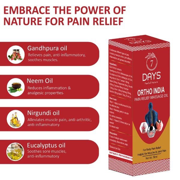 7DAYSNATURAL Ortho India Pain Relief Massage Oil – Fast Relief for Knee, Joint & Muscle Pain | Effective for Osteoarthritis (50ml) - Image 2