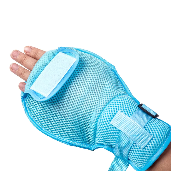 Blue medical grade anti scratch gloves with a secure double-sided 3D mesh structure.
