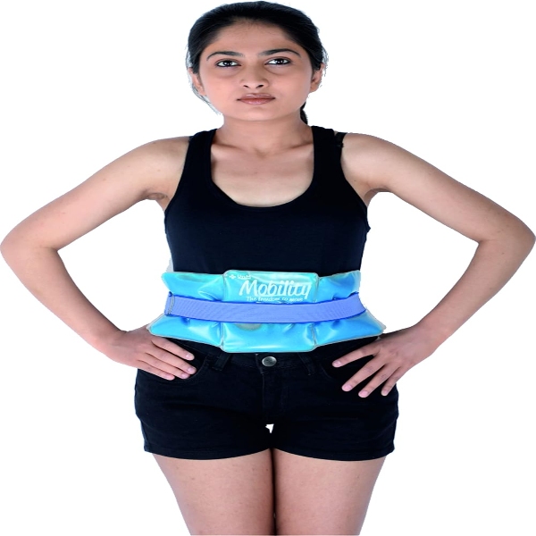 A small-size premium abdomen gel pack belt fastened securely around a user's midsection for targeted hot or cold pain relief in the USA.