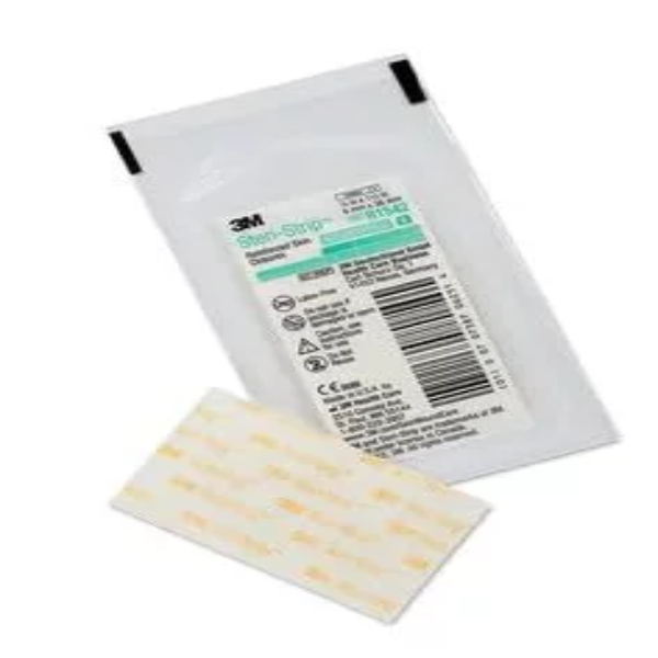 A retail carton of white 3M Steri-Strip Adhesive Skin Closures R1542 displayed next to individually sealed sterile packets for healthcare clinics.