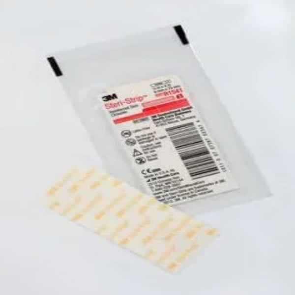 The retail box of 3M Steri Strip Reinforced Closures R1541 arranged next to an individual sterile pouch and peel-backed adhesive strips for wound care.