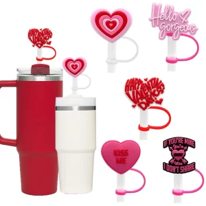 10mm Silicone Heart Straw Covers for Stanley 40&30 Oz Tumbler, Cute Silicone Straws Tips Cover Reusable,Food Grade Heart Straw Covers Cap for Dust Proof Plugs, Straw Tips for Kids Party Favors-5 Pcs