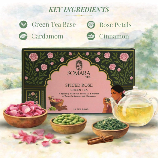 Spiced Rose Green Tea, Rose Petals with Cardamom and Cinnamon, Biodegradable Tea Bags, No Added Sugar, Low Caffeine, 25 Tea Bags - Image 2