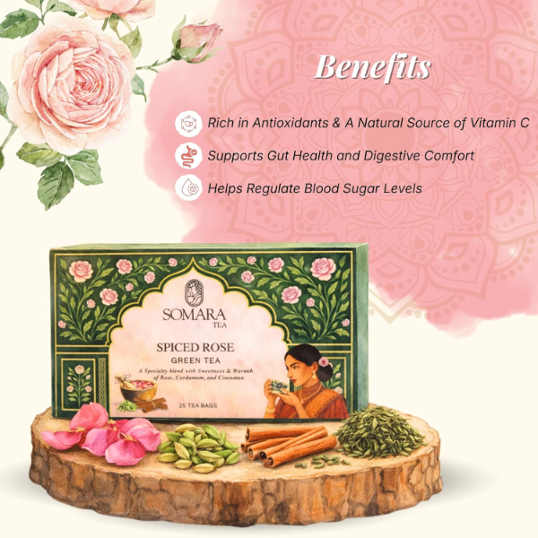 Spiced Rose Green Tea, Rose Petals with Cardamom and Cinnamon, Biodegradable Tea Bags, No Added Sugar, Low Caffeine, 25 Tea Bags - Image 3
