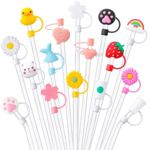 16 Pieces Silicone Straw Tips Covers Reusable Drinking Straw Tips Lids Anti-dust Silicone Straw Caps for 7-8 mm Straws Airtight Seal Splash Proof Straw Tips Covers (Flower Animal Style)