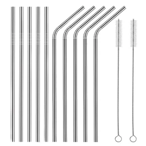 10 Stainless Steel Straw, HuaQi Straight and Bent Reusable Drinking Straw with 2 Cleaning Brush ( 5 Straight + 5 Bent + 2 Brushes)
