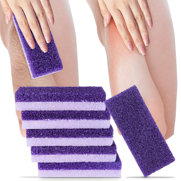 Six multi-colored synthetic pumice stones used as a dead skin remover scrubber for feet