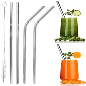 14AM 2 Straight Straws + 2 Bent Straw + 1 Straw Cleaning Brush Reusable Stainless Steel Straws (Pack of 4, Silver) for Kids & Adults with Cleaning Brush, Reusable Metal Steel for Drinking Juice
