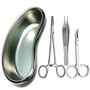 Surgical Instrument Set – CE Needle Holder, Adson Forceps, Iris Scissor with 8" Kidney Tray – Stainless Steel Suturing Kit for Medical and Dental Procedures