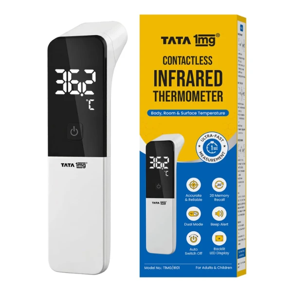 Tata 1mg contactless infrared medical thermometer displaying a digitial temperature reading.