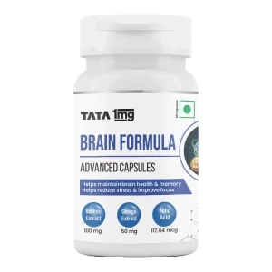 1MG Tata Brain Formula With Vitamin B Complex, L-Tyrosine, L-Theanine, Brahmi, Ginkgo And Pine Bark Extract Capsule Helps In Improving Memory And Concentration For Unisex (Pack Of 60 Capsules)