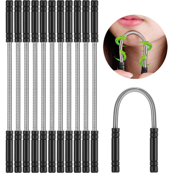 Pack of 12 multi-colored manual spring facial hair remover tools with comfortable plastic grips.
