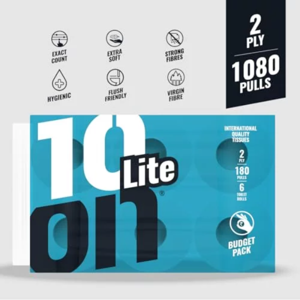 10on Lite,2Ply Toilet Paper Tissue Roll - 100% Natural Virgin Cellulose Fiber - Pack of 6 Strong Bathroom Tissue Roll (180 Pulls per Roll x 6 =Total 1080 Pulls) - Image 2