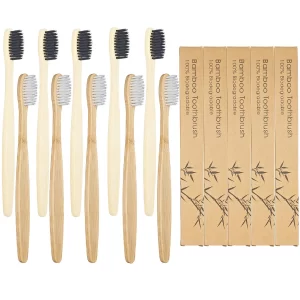 10 PCS Bamboo Toothbrushes Soft Bristles Wooden Toothbrushes for Adult, Natural Biodegradable BPA Free Eco Friendly Toothbrushes Black White