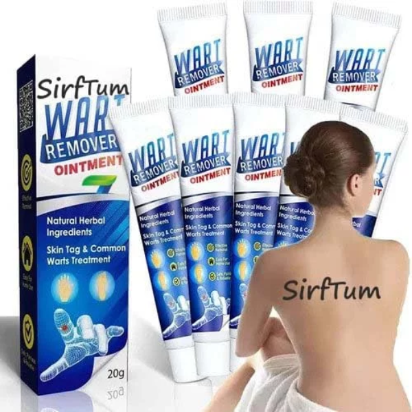 A 4-piece skincare collection featuring wart remover cream, scar cream, moles cream, and acne cream tubes.