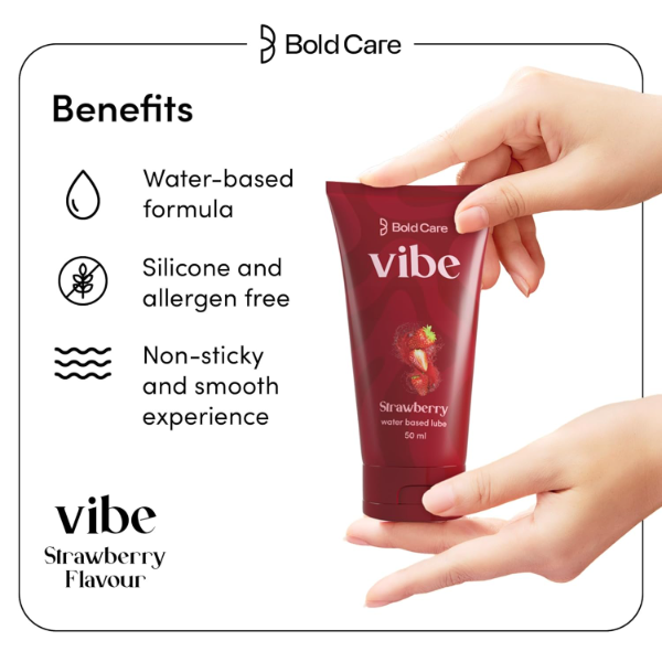 Bold Care Vibe Strawberry Flavoured Personal Lubricant (50ml) for Men & Women – Premium Water-Based Intimate Lube, Skin-Friendly, Silicone & Paraben Free, Safe & Smooth Intimacy Gel for Enhanced Comfort - Image 3