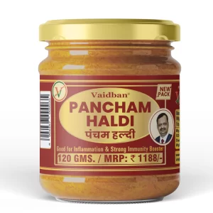 Vaidban Pancham Haldi 120g pack featuring a blend of five Ayurvedic turmerics.