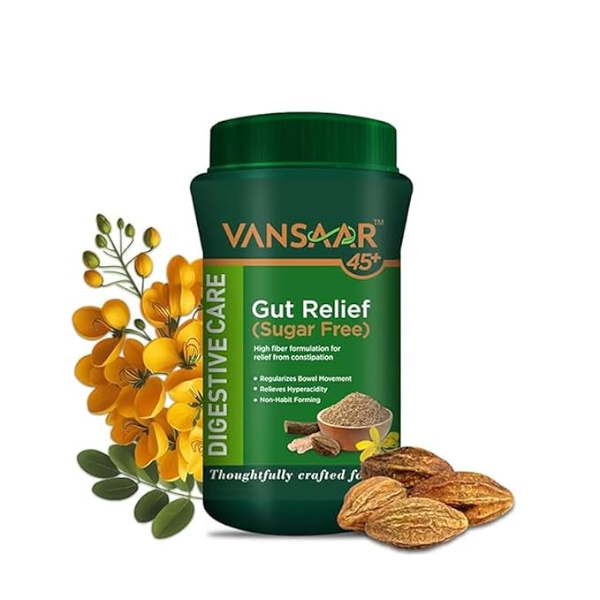 Vansaar 45+ Isabgol Gut Relief (Sugar free) 100g| Relieves Constipation, Gas & Bloating| Enriched with Isabgol Psyllium Husk & 6 Proven Ayurvedic Herbs for Gut Health| Gentle Laxative,Non-Habit forming