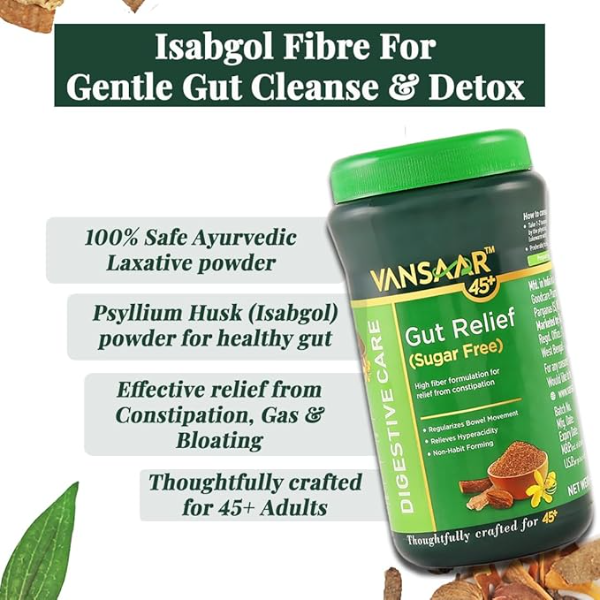 Vansaar 45+ Isabgol Gut Relief (Sugar free) 200g| Relieves Constipation, Gas & Bloating| Enriched with Isabgol Psyllium Husk & 6 Proven Ayurvedic Herbs for Gut Health| Gentle Laxative,Non-Habit forming - Image 2