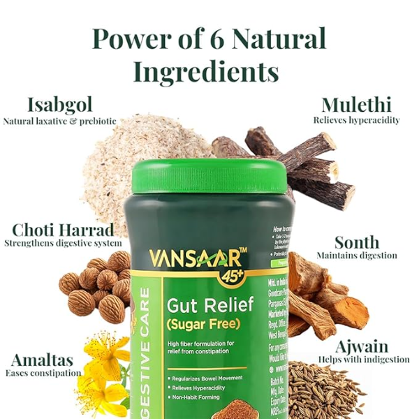 Vansaar 45+ Isabgol Gut Relief (Sugar free) 200g| Relieves Constipation, Gas & Bloating| Enriched with Isabgol Psyllium Husk & 6 Proven Ayurvedic Herbs for Gut Health| Gentle Laxative,Non-Habit forming - Image 3