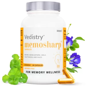 Vedistry Memosharp Capsules with Brahmi, Mandukparni, Yashtimadhu, Amalaki & Haridra for Memory Wellness | Ayurvedic Brain Booster Supplement for Memory, Clarity, Reduces Stress & Anxiety | Support for Cognitive Health, Concentration, Focus Mood & Learning Activities – 60 Capsules (Pack of 1)