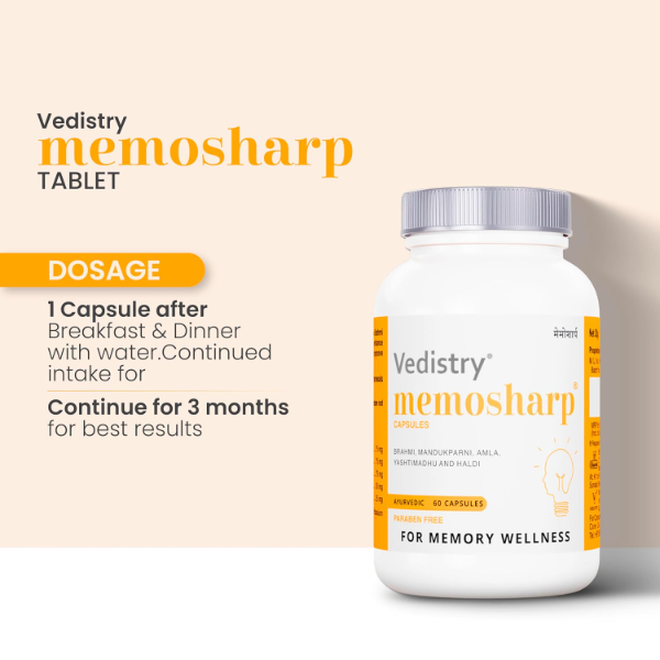 Vedistry Memosharp Capsules with Brahmi, Mandukparni, Yashtimadhu, Amalaki & Haridra for Memory Wellness | Ayurvedic Brain Booster Supplement for Memory, Clarity, Reduces Stress & Anxiety | Support for Cognitive Health, Concentration, Focus Mood & Learning Activities – 60 Capsules (Pack of 1) - Image 4