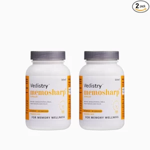 Vedistry Memosharp Capsules with Brahmi, Mandukparni, Yashtimadhu, Amalaki & Haridra for Memory Wellness | Ayurvedic Brain Booster Supplement for Memory, Clarity, Reduces Stress & Anxiety | Support for Cognitive Health, Concentration, Focus Mood & Learning Activities – 60 Capsules (Pack of 2)