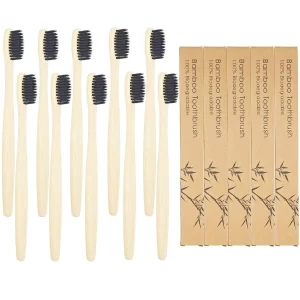 10 PCS Bamboo Toothbrushes Soft Bristles Wooden Toothbrushes for Adult, Natural Biodegradable BPA Free Eco Friendly Toothbrushes Black