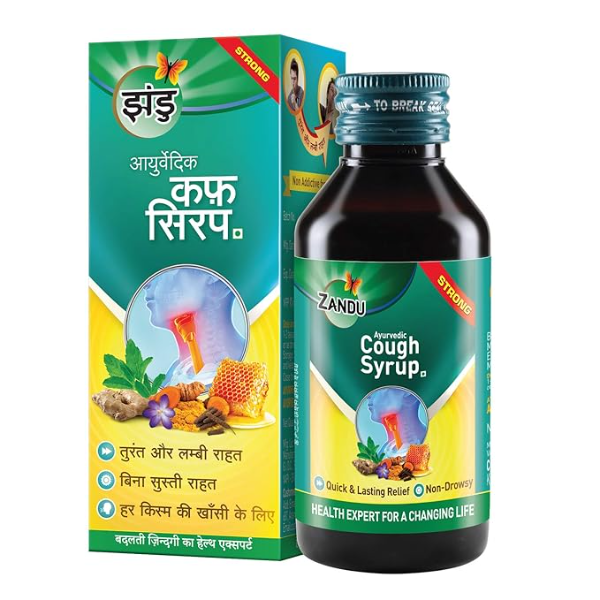 Zandu Ayurvedic Cough Syrup 100ml bottle for quick throat relief in USA.