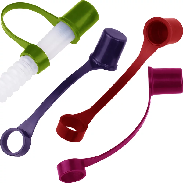 10-piece multi-colored plastic straw cover caps attached to sports water bottle straws.