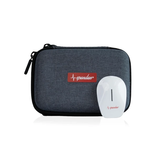 The white Sunfox Spandan 4.0 Portable ECG Monitor resting next to an Android smartphone.