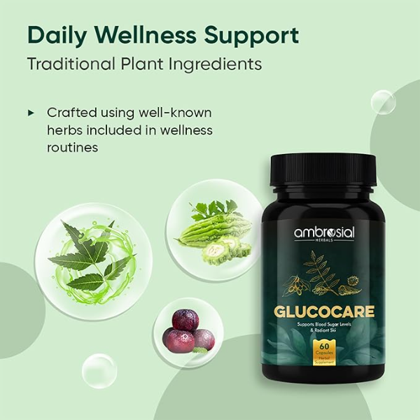 Ambrosial Glucocare Blood Sugar Support (60 Capsules) | Premium Herbal Formula with Bitter Melon (Karela), Jamun & Neem | Supports Healthy Glucose Levels & Insulin Sensitivity | Natural Diabetes Care - Image 2