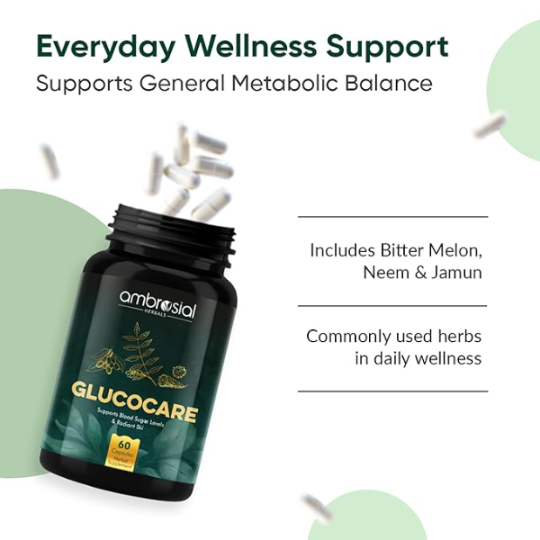Ambrosial Glucocare Blood Sugar Support (60 Capsules) | Premium Herbal Formula with Bitter Melon (Karela), Jamun & Neem | Supports Healthy Glucose Levels & Insulin Sensitivity | Natural Diabetes Care - Image 4