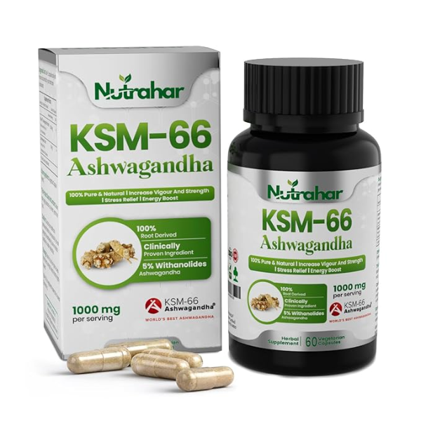 KSM-66 Ashwagandha 1000mg with Black Pepper | 5% Withanolides for High Absorption | 60 Veggie Capsules | Extra Strength Stress Relief, Energy & Stamina Support | Clinically Proven Pure Root Extract