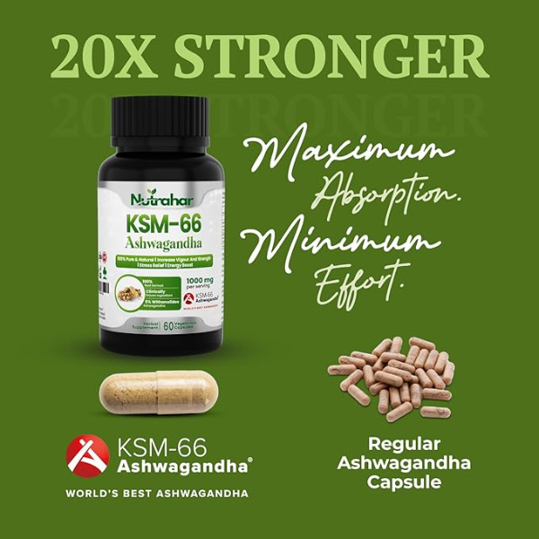 KSM-66 Ashwagandha 1000mg with Black Pepper | 5% Withanolides for High Absorption | 60 Veggie Capsules | Extra Strength Stress Relief, Energy & Stamina Support | Clinically Proven Pure Root Extract - Image 3