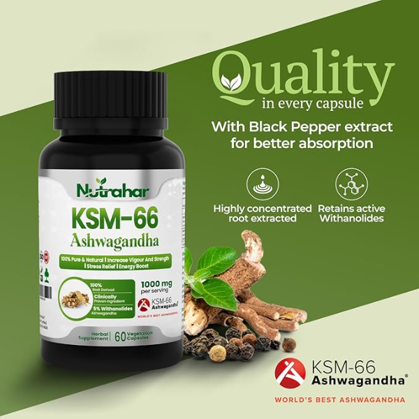 KSM-66 Ashwagandha 1000mg with Black Pepper | 5% Withanolides for High Absorption | 60 Veggie Capsules | Extra Strength Stress Relief, Energy & Stamina Support | Clinically Proven Pure Root Extract - Image 4