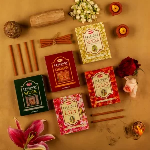 HEM Precious Assorted Dhoop Sticks Set – 5 Fragrances (Chandan, Gulab, Mogra, Lily & Musk) | Bambooless & Charcoal-Free Incense | 25–30 Min Burn | Approx. 55 Sticks, 60g Each