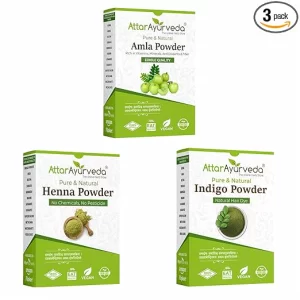 Attar Ayurveda 3-Pack Hair Ritual (650g): Pure Henna, Indigo & Amla | Natural Black Hair Dye with Vitamin C Boost for Growth & Shine | Ammonia-Free & Chemical-Free
