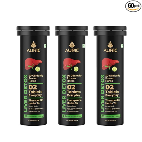 Auric Liver Detox Effervescent Tablets (Pack of 60) | Plant-Based Liver Support with Milk Thistle & 9 Herbs | Clinically Researched for Fatty Liver, Alcohol Detox & Metabolism | Sugar-Free