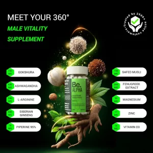 Be. Alpha Testosterone Support for Men | Testosterone Booster Supplement for Men with Ashwagandha, Magnesium, Safed Musli, Fenugreek, Gokhshura & Ginseng | Supports Energy, Stamina, Vitality & Muscle Performance | 60 Capsules (Pack of-2)