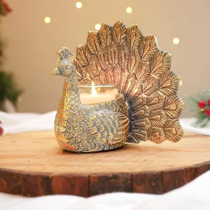 BEHOMA Golden Metal Dancing Peacock Showpiece with Scented Glass Candle – Romantic Home Décor Gift for Valentine’s Day, Anniversary & Birthday (18.5 cm)