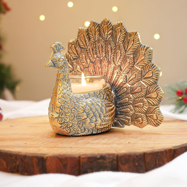 BEHOMA Golden Metal Dancing Peacock Showpiece with Scented Glass Candle – Romantic Home Décor Gift for Valentine’s Day, Anniversary & Birthday (18.5 cm)