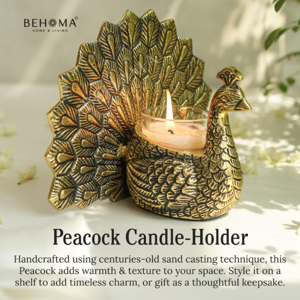 BEHOMA Golden Metal Dancing Peacock Showpiece with Scented Glass Candle – Romantic Home Décor Gift for Valentine’s Day, Anniversary & Birthday (18.5 cm) - Image 4