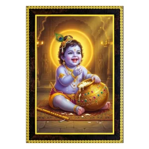 Premium Baby Krishna Photo Frame (12x8 Inch) – Bal Gopal Makhan Chor Matte Black Wall Frame | Hindu Kanha Devotional Home & Pooja Room Decor | Spiritual Gift Item