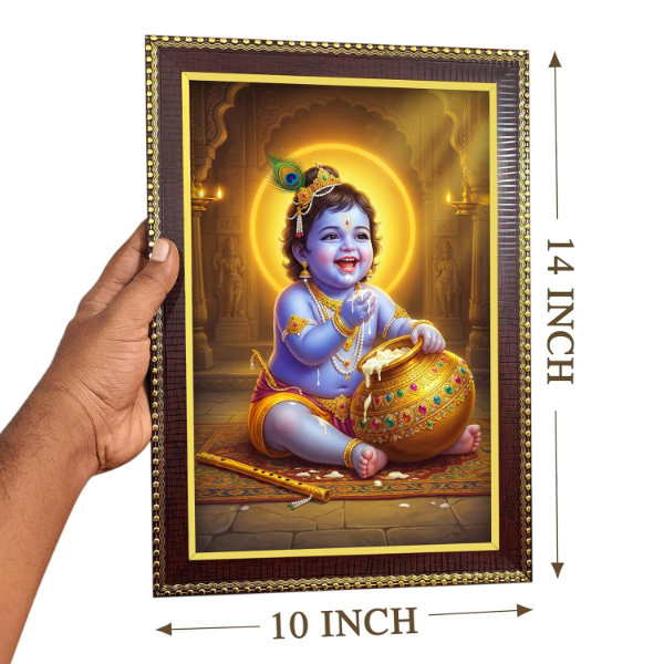 Premium Baby Krishna Photo Frame (12x8 Inch) – Bal Gopal Makhan Chor Matte Black Wall Frame | Hindu Kanha Devotional Home & Pooja Room Decor | Spiritual Gift Item - Image 2