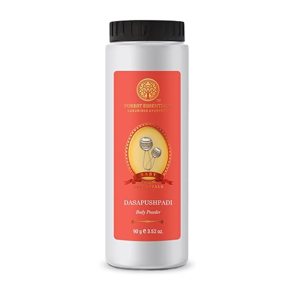Forest Essentials Dasapushpadi Baby Powder – 100% Talc-Free | Natural Corn Starch Body Powder for Sensitive Skin | Infused with 10 Sacred Ayurvedic Herbs | Safe for Newborns | 100g