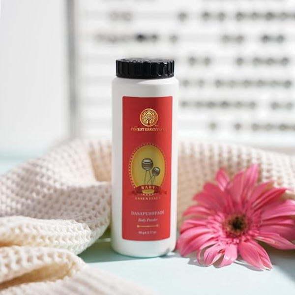 Forest Essentials Dasapushpadi Baby Powder – 100% Talc-Free | Natural Corn Starch Body Powder for Sensitive Skin | Infused with 10 Sacred Ayurvedic Herbs | Safe for Newborns | 100g - Image 4