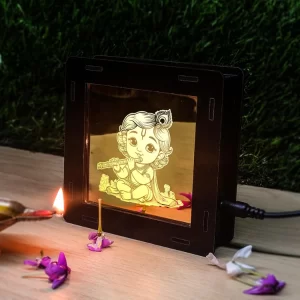 Bal Krishna Wooden Light Box – Soft Yellow Warm Light Night Lamp for Home, Office & Pooja Room | Devotional Table Decor & Religious Gift for Festivals & Special Occasions