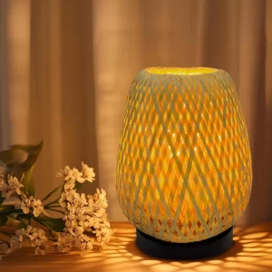 Hand-woven bamboo rattan boho nightstand table lamp.